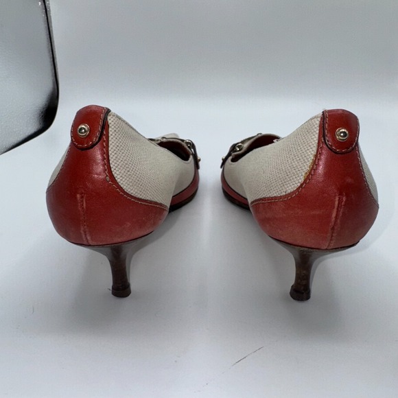 Gucci Womens Pumps US 8.5 B Gray Red Canvas Horsebit Pointed Toe Kitten Heel - Picture 7 of 13